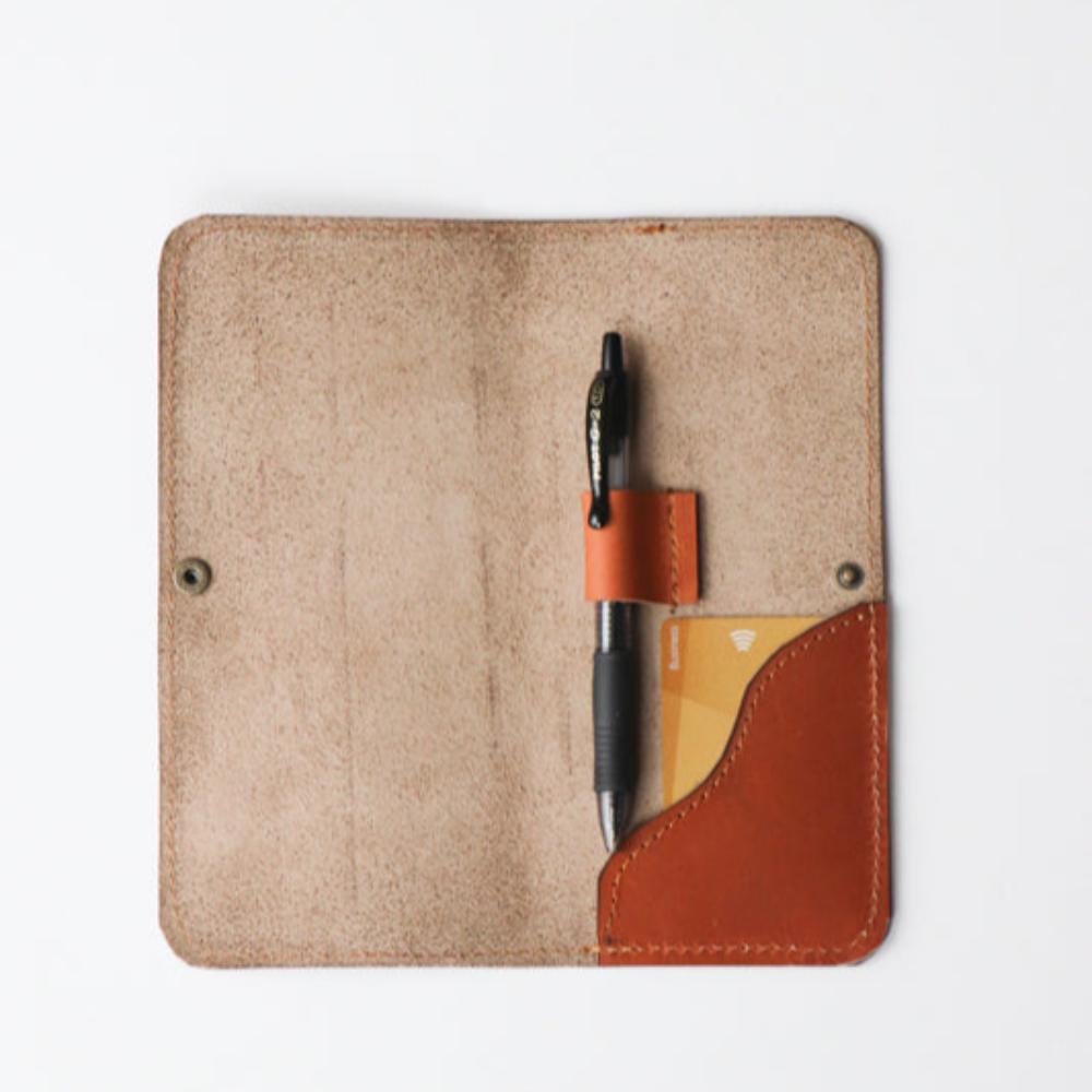 Leather Bill Folder with press stud and pen holder- Tan